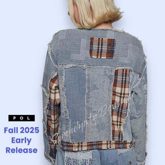 POL Distressed Grunge Denim Flanel Plaid Floral Patch Zipper Front Jean Jacket - Picture 6 of 10